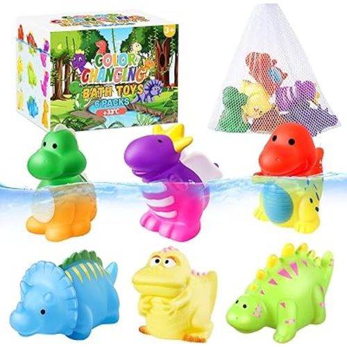 Color Changing No Hole Toddler Bath Toys for Kids 3-5 6-8, Dinosaur Toys Toddlers 1-3, Christmas Stocking Stuffers Christmas Birthday Gifts Bathtub Pool Water Toys with Drying Bag