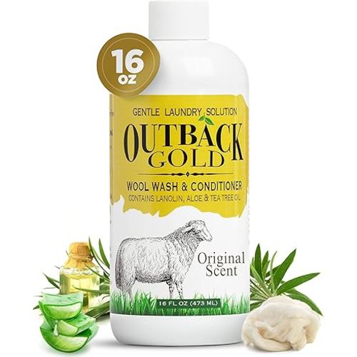 Outback Gold Wool Wash, 16 oz, Original Floral Scent, Plant Based, HE Compatible, Liquid Laundry Detergent, Perfect Soap for Wool, Cashmere, Silk, Sheepskin, Baby Items, Mild, Neutral pH, Made in USA
