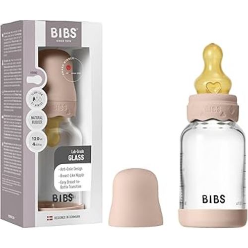 BIBS Boheme Baby Glass Bottle 4 oz /120 ml. Anti-Colic. Round Natural Rubber Latex Nipple. Supports Natural Breastfeeding - Blush