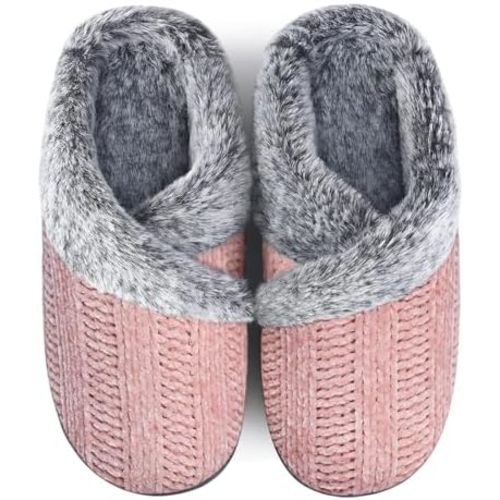 Slippers for Women Fuzzy House Slip on Indoor Outdoor Bedroom Furry Fleece Lined Ladies Comfy Memory Foam Female Home Shoes Anti-Skid Rubber Hard Sole
