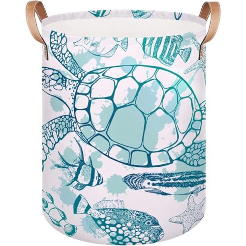 Large Laundry Hamper Basket Ocean Theme Round Freestanding Clothes Basket, Sea Turtle Collapsible Storage Organizer Bin with Leather Handles for Dirty Clothes Toys, Nursery Home Storage 16"W x 20"H