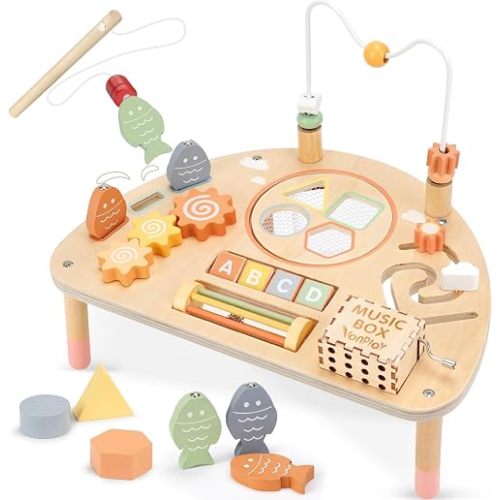 Activity Table for 1 Year Old, Montessori Toys for 1 2 Year Old Girls Boy Gifts, 8 in 1 Wooden Sensory Play Table for Toddler 1-3, Learning Toys for Baby 12-18 Months 1st Christmas Birthday Gifts