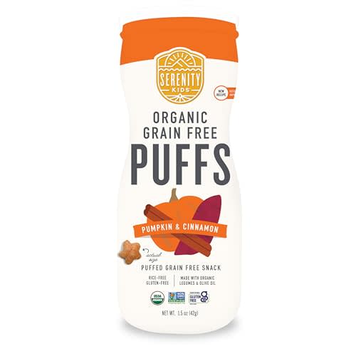 Serenity Kids Pumpkin Cinnamon Baby Puffs, USDA Organic, 1.5 Oz, 6 Pack | USDA Organic, Grain Free Baby Snacks, Toddler Snacks, Organic Baby Food, Toddler Food, Pumpkin Spice Puffs