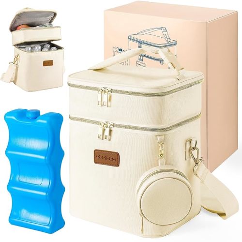 Breastmilk Cooler Bag with Ice Pack & Pacifier Case, Large Double Layer Insulated Baby Bottle Cooler Fits 6 Bottles, Breast Pump Storage Bag for Working Nursing Moms, with Gift Box