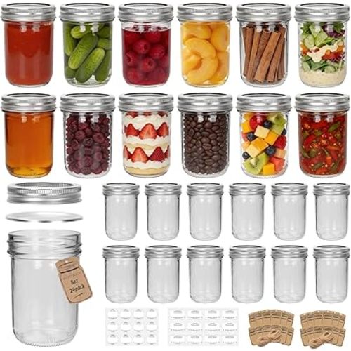 Eathtek 8 oz Mason Jars 24 Pack, 240ml Mini Canning Jars with Regular Lids for Jelly Herbs Spice Honey Storage, Small Glass Jars Candle jars, Extra Lids Tags Label Included