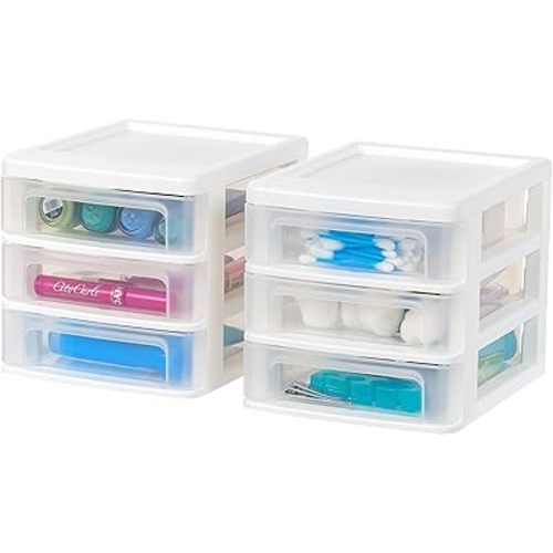 IRIS USA Plastic Stacking Desk Top 3-Drawer Storage Organizer, 2-Pack, for Makep Vanity Nail Polish Bathroom Stationery Art Craft Supplies Kitchen Office Garage and Small Organization, Small, White