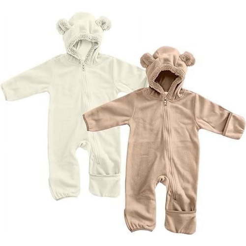 Cuddle Club Fleece Baby Bunting Bodysuit One Piece Hooded Romper Outerwear, 0 to 3 Months White & Light Brown (2 Pack)