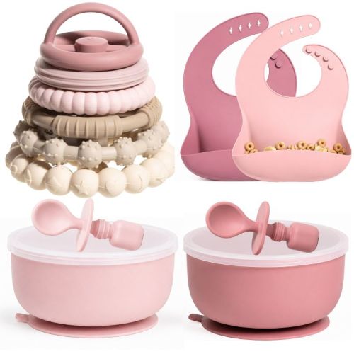 Silicone Baby Feeding Set, Suction Bowls with Lids and Spoons, Waterproof Baby Bibs, Stacking Teether Toys, BPA Free Baby Shower Kit for 0-6 Months