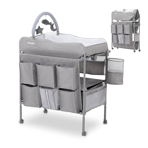 Baby Changing Table, Versatile Portable Folding Changing Table, Waterproof Diaper Changing Station with Waste Basket, Adjustable Height with 2 Drawers, Baby Changing Station for Infant and Newborn