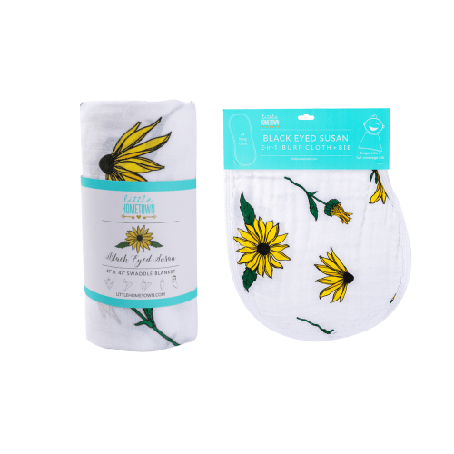 Gift Set: Black Eyed Susan Muslin Swaddle Baby Blanket and Burp Cloth/
– Little Hometown