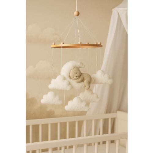 Teddy bear on moon Boucle cloud nursery baby mobile, Neutral nursery mobile, Stars baby crib mobile, Clouds mobile,Minimalist nursery mobile