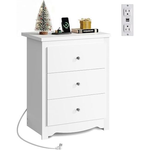 WLIVE White Nightstand with Charging Station, Wood Night Stand with 3 Drawers Storage, Tall Bedside Table End Side Tables with 2 USB Ports and Outlets for Bedroom, Closet, White