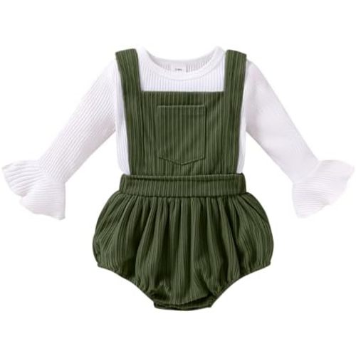 Tiny Cutey Newborn Baby Girl Clothes Bell Sleeve Romper and Corduroy Overalls Shorts Infant Girl Fall Outfits