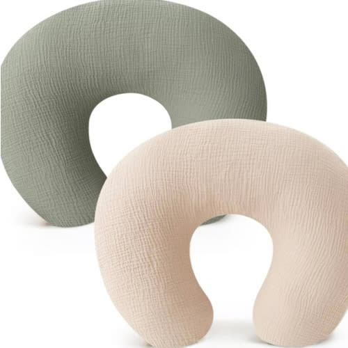Konssy Muslin Nursing Pillow Covers, Soft and Cute Nursing Covers for Breastfeeding Pillows, Ideal for Newborn Baby Boys and Girls (Fog Green, Cream) - 2 Pack