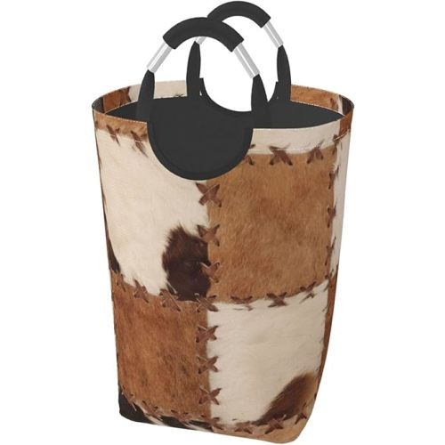 Brown Cow Print Laundry Basket Cowhide Laundry Hamper Animal Collapsible Laundry Baskets with Handle Laundry Bag Dirty Clothes Hamper for Dorm Family Bathroom Decor Storage 50L