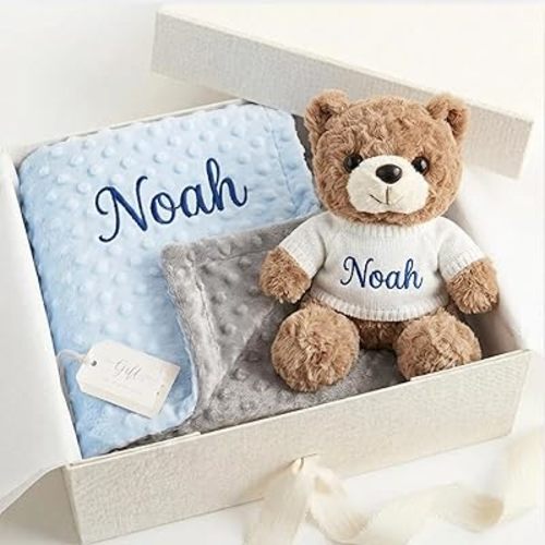 Personalized Baby Blanket with Optional Teddy Bear, Custom Minky Dot Baby Blanket with Embroidered Name, Custom Newborn Baby Gift Set for Showering, Teddy Bear Add-on