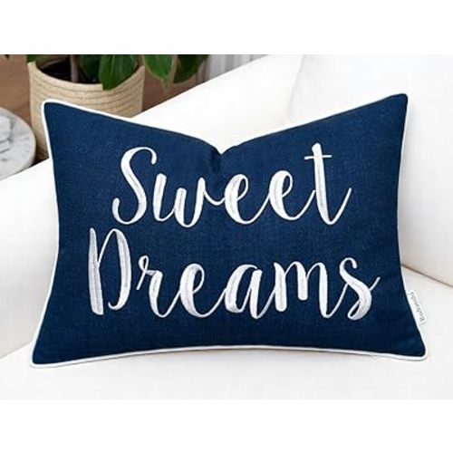 Rudransha 12x18 Sweet Dreams Lumbar Pillow Cover - Embroidered Cozy Throw Cushion Case - Decorative Pillow for Bed, Living Room, Nursery, Comfy Corner - Sleepytime Bedroom Decor - Navy Blue