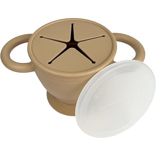BraveJusticeKidsCo. | Snack Attack II Snack Cup | Collapsible Silicone Snack Container | Toddler and Baby Snack Catcher Lid (Warm Sand)