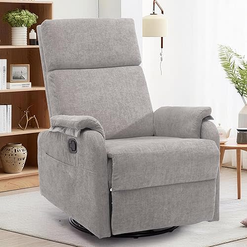 Korser Recliner Chair, Swivel Rocking Recliner Chair for Adults, Glider Rocking Chair, Small Nursery Chair Recliner for Living Room, Reclining Chair with Modern-Designed Armrests, Chenille, Grey
