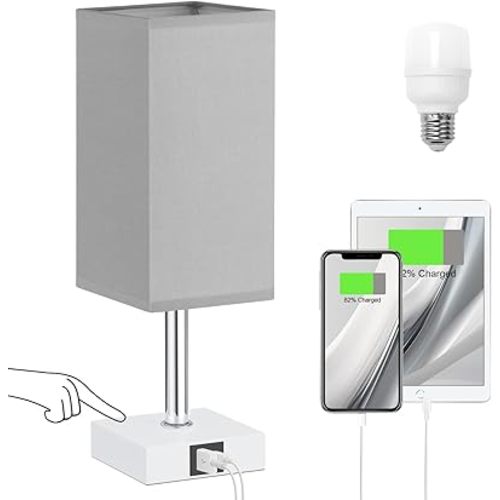 Ambimall Touch Control Table Lamp with USB A+C Charging Ports - 3 Way Touch Lamps Bedside, Nightstand Lamp for Bedrooms Living Room Nursery, LED Bulb Included(Grey Shade)