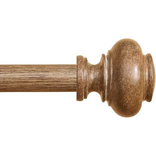 Wood Curtain Rods for Windows 32 to 45 Inch, 1 Inch Heavy Duty Curtain Rods with Imitation Wood Grain Finials, Boho Adjustable Drapery Rods, Farmhouse Rustic Single Window Curtains Rods