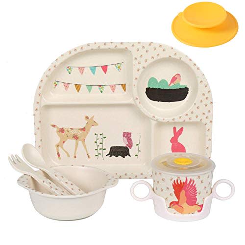 shopwithgreen 7Pcs/Set Bamboo Kids Dinnerware Set - Children Dishes - Food Plate Bowl Cup Spoon Fork Set Dishware, Cartoon Tableware, Dishwasher Safe Kids Healthy Mealtime, BPA Free
