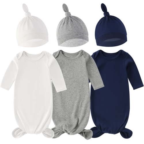 Zwiiyzr 2025 3 Pack Newborn Baby Boys Girls Knotted Gown With Hat Set Solid Color Swaddle Jumpsuit Pajamas Knotted Sleeping Bag+Knotted Hat White