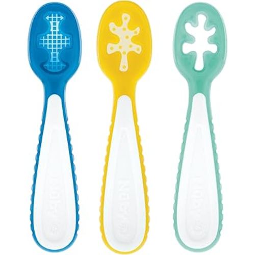 Nuby 3-Stage Baby's First Spoons Set - 3 Pack - 6+ Months - Baby Spoons with Easy Grip Handle - Encourages Self-Feeding - Cobalt/Lemon/Sage