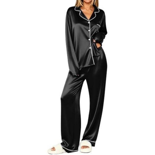 Ekouaer Womens Pajamas Silk Satin Long Sleeve Button Down Pjs Lounge Set