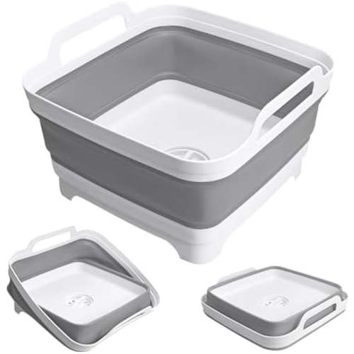 Collapsible Wash Basin with Drain Plug, 2.4 Gallon (9L) Collapsible Dish Basin, Portable Bottle Washing Basin for Baby Bottles, Vegetable Washing, RV Camping
