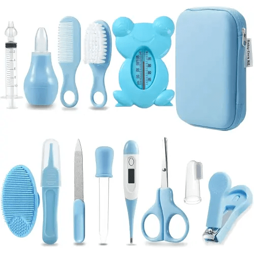 PandaEar Baby Healthcare and Grooming Kit, Baby Safety Set Baby Comb, Brush, Finger Toothbrush, Nail Clippers, Scissors, Nasal Aspirator, Baby Essentials Nursery Care Kit (13-in-1 Blue)
