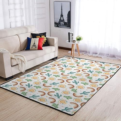 Boho Western Desert Area Rugs Green Cactus Rainbow Sun Throw Carpets Desert Plants Landscape Floor Mats for Kids Nursery Bedroom Living Room Bathroom Kitchen Classroom Playmat