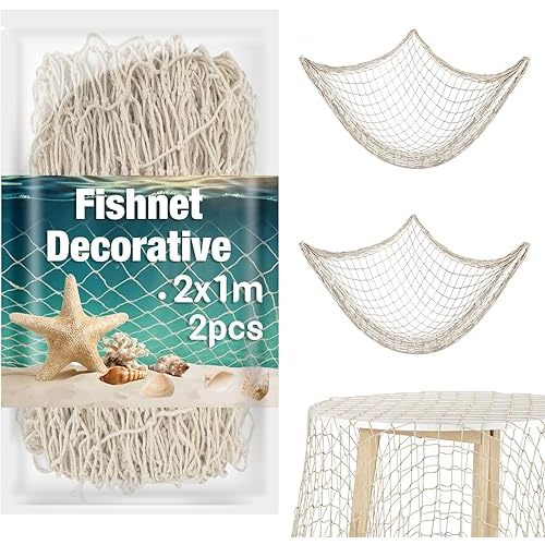Sukh 2PCS Fish Net Decorative - Fish Net Decorations Decorative Netting Nautical Fishnet Table Runner Nets Netting Fishnet Ocean Party Rope Decoration