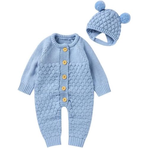 LAWKUL Baby Outfit Cotton Knit Newborn Infant Romper Knitted Longsleeve Sweater Clothes With Warm Hat Set Toddler Boy Girl