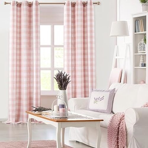 Jubilantex Buffalo Check Semi Sheer Curtain Panels Pink White Gingham Curtains Farmhouse Grommet Window Drapes for Living Room Bedroom 40"x84",2 Panels
