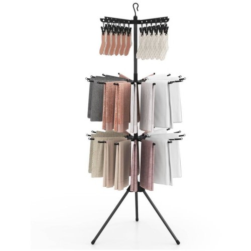 3-Tier Folding Clothes Drying Rack 178cm Tripod Laundry Rack w/24 Clips & 32 Rods Towel Drying Stand Black