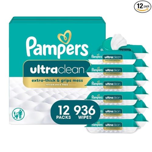 Pampers Ultra Clean Baby Wipes (Previously 'Free & Gentle'), 99% Water, Hypoallergenic, Unscented, 100% Plant Based, Plastic-Free, 936 Baby Wipes Total (12X Flip-Top Packs) [Packaging May Vary]