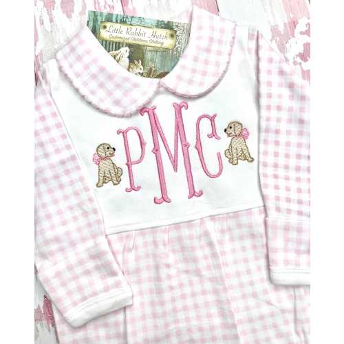 Monogrammed Infant Outfit, Baby Girl Gingham Footie, Monogrammed Coming Home Outfit, Embroidered Personalized Baby Girl Outfit With Puppies