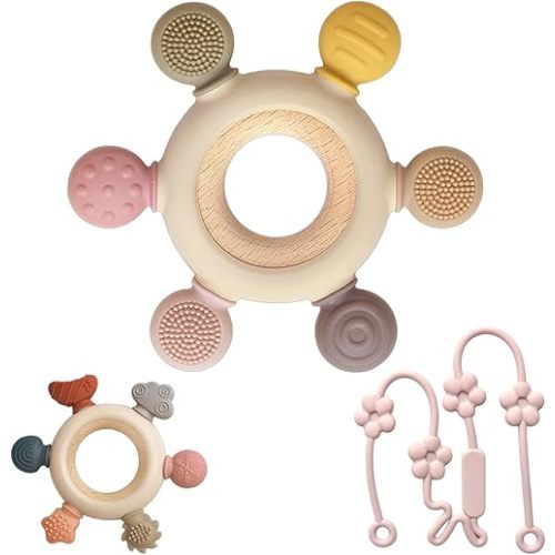 3 Packs Teether Rings for 0-6 6-12 Months Babies, Teething Toys with Pacifier Clip Holder, Baby Chew Toys for Sucking Needs, Baby Essentials