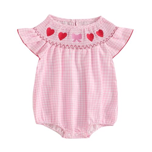 Kayotuas Newborn Baby Girls Smocked Bubble Romper Cute Embroidery Ruffle Gingham Bodysuit Dress Infant Toddler Summer Clothes