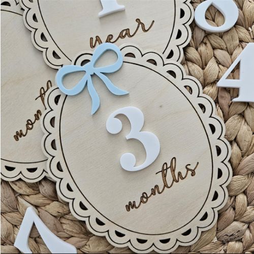 Bow Themed Monthly Milestone Discs | Baby Monthly Discs for Photos | Interchangeable Numbers Monthly Photo Prop Set | Bow Birth Announcement