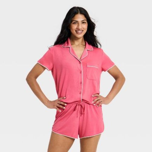 Women's Short Sleeve Notch Collar Shirt and Shorts Pajama Set - Auden™ Pink L
