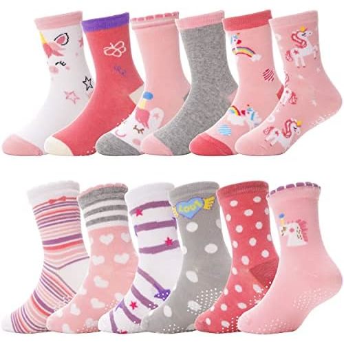ANTSANG Baby Girls Toddlers Grips Socks Kids Non Slip/Anti Skid Unicorn Striped Crew Cotton Gift Socks