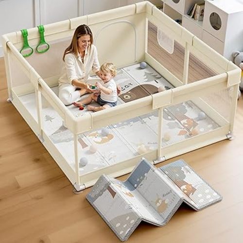 Fodoss Parc pour bébé avec tapis 119,4 x 119,4 x 68,6 cm, petit parc de jeu pour bébé, clôture de jeu, centre d'activités (beige)