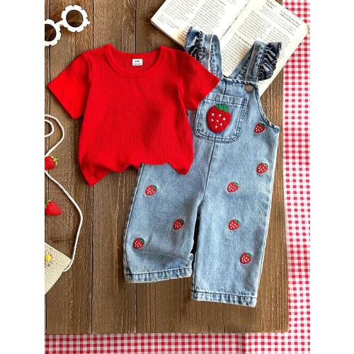 SHEIN Vintaside Kids 1pc Baby Girl Blue Denim Casual Cute Embroidered Floral Strap Denim Jumpsuit, Suitable For Outings And Parties | SHEIN USA