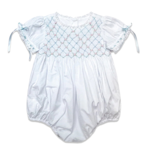 Heirloom Smocked Bubble - White Batiste w/ Pink & Blue