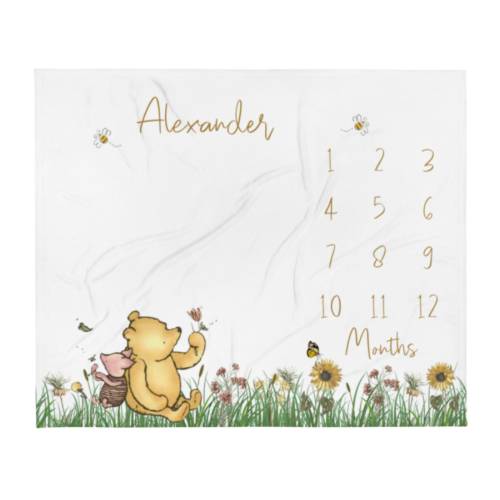 Classic Winnie Bear Milestone Blanket Boy, First Year Calendar Monthly Growth Mat, Personalized Custom Name Month Blanket, Baby Shower Gift