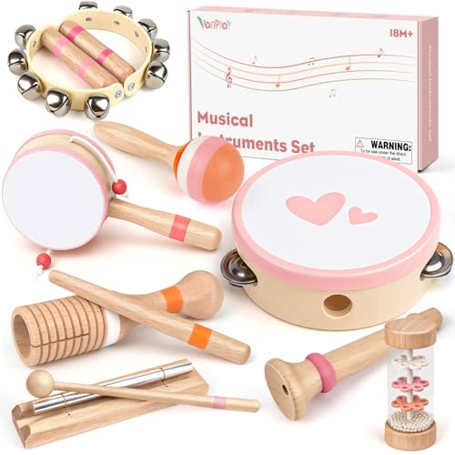 Vanplay Musical Toys for 2 3 Year Old Girl Birthday Gifts | 8 in 1 Pink Wooden Musical Instruments for Baby 18+ Months with Drum/Hand Bells/Flute/Maracas & More, Explore Music & Rhythm