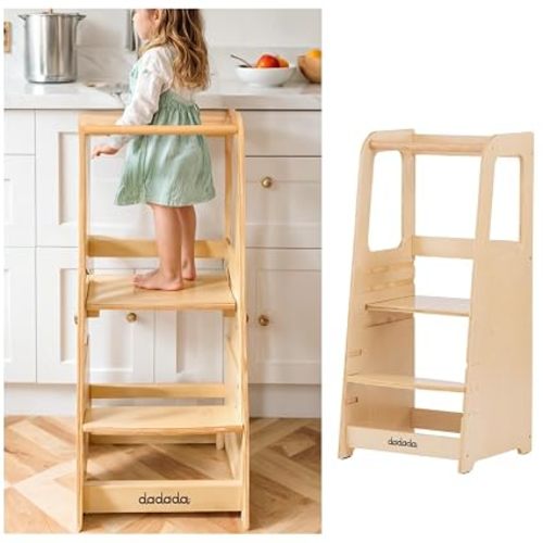 dadada Baby Montessori Toddler Tower, Adjustable Kids' Step Stool, Natural | Kitchen Step Stool for Kids with Safety Rail and Adjustable Steps, Easy to Clean, Baby-Safe Finish, Encourages Independence