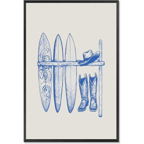 Coastal Cowboy Lifestyle Sketc Poster Surfboard Rack With Blue Pattern Boards Canvas Wall Art Cowboy Hat And Boots Prints Painting For Home Bedroom Dorm Wall Decor 12x16in Framed